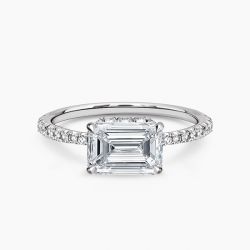 Ringlamour East-West Emerald Moissanite Engagement Ring Hidden Halo